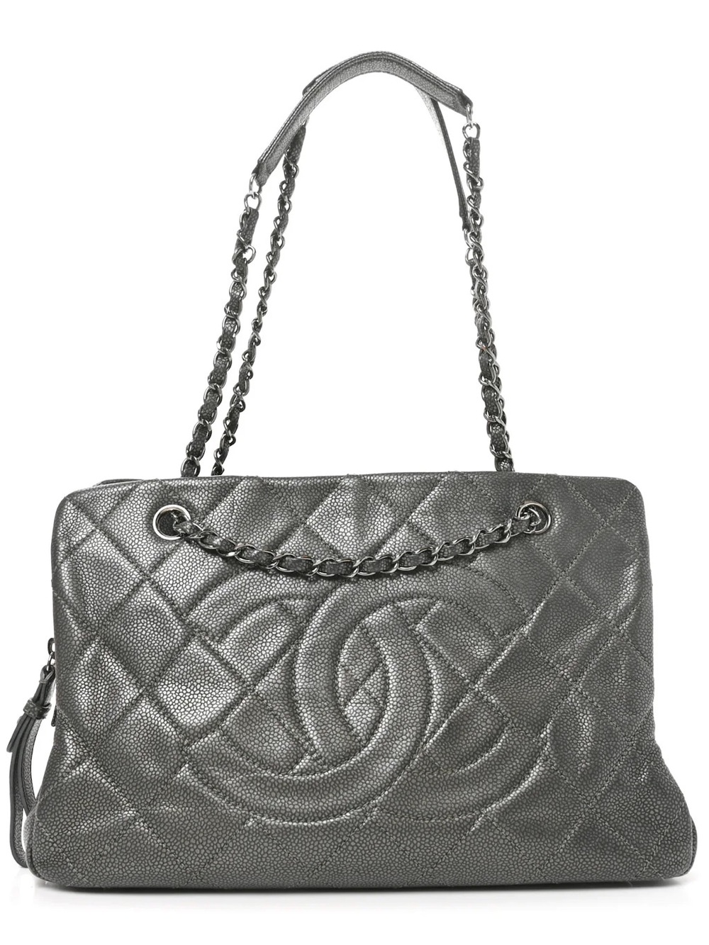 🩶 CHANEL Quilted Chain CC Shoulder Bag Tote in Metallic Silver Gray - excellent